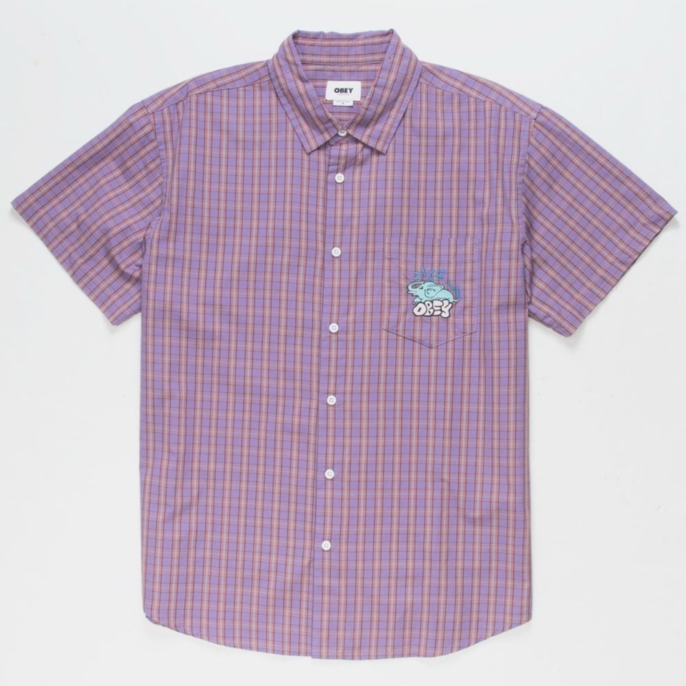 OBEY Men LG Gavin Woven Lavender Multi 100% Organic Cotton Short Sleeve Shirt